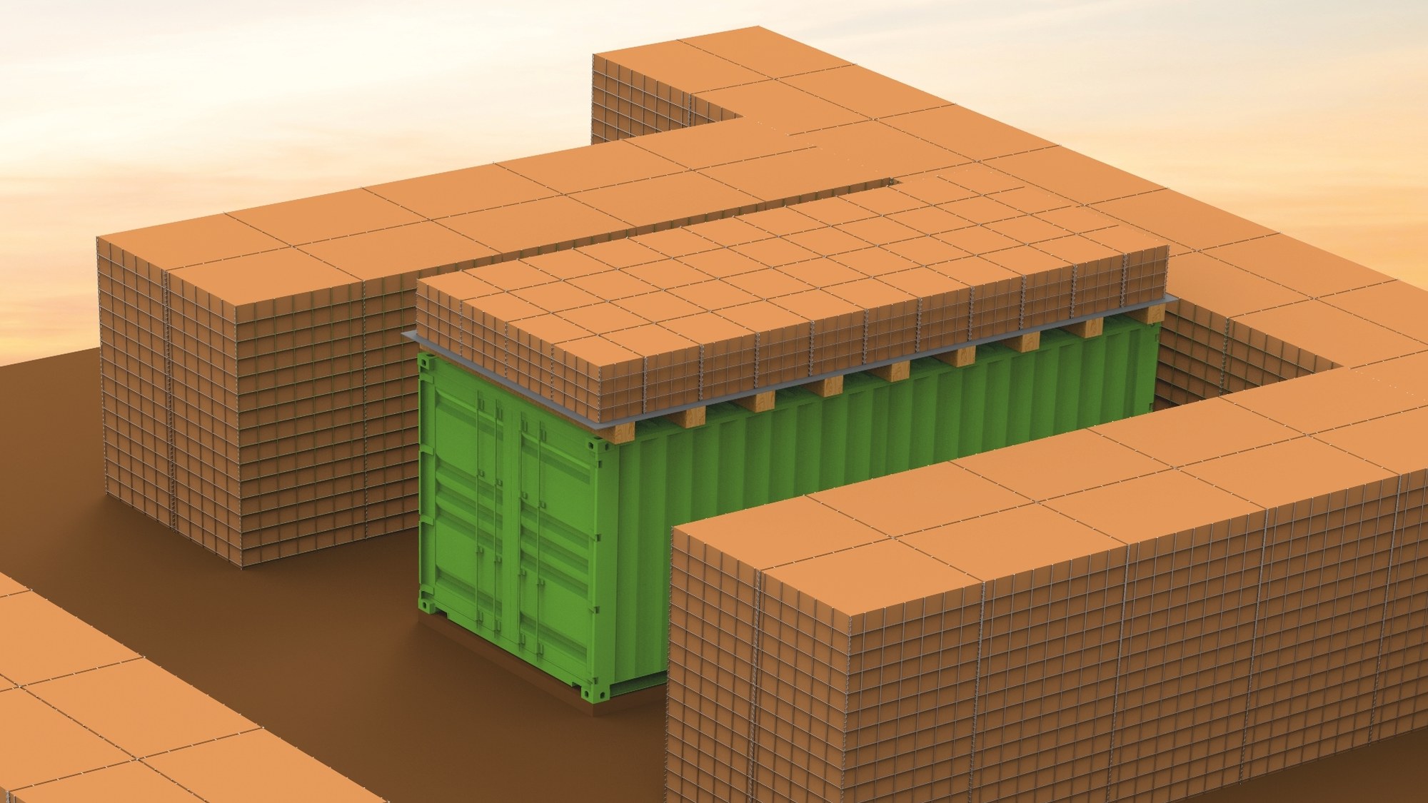 Modular filled-cell barriers and overhead protection surrounding a storage container